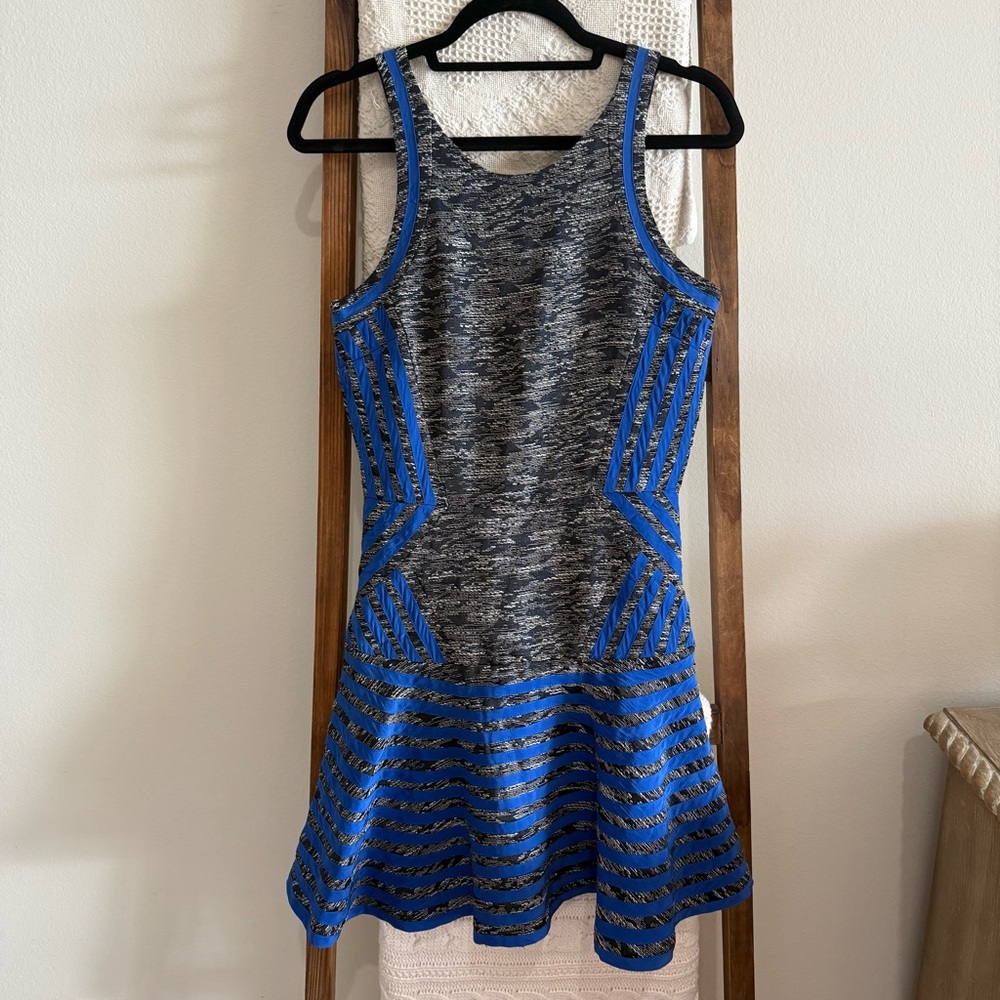 Parker Black, White & Royal Blue Line Detailed Sleeveless Mini Dress